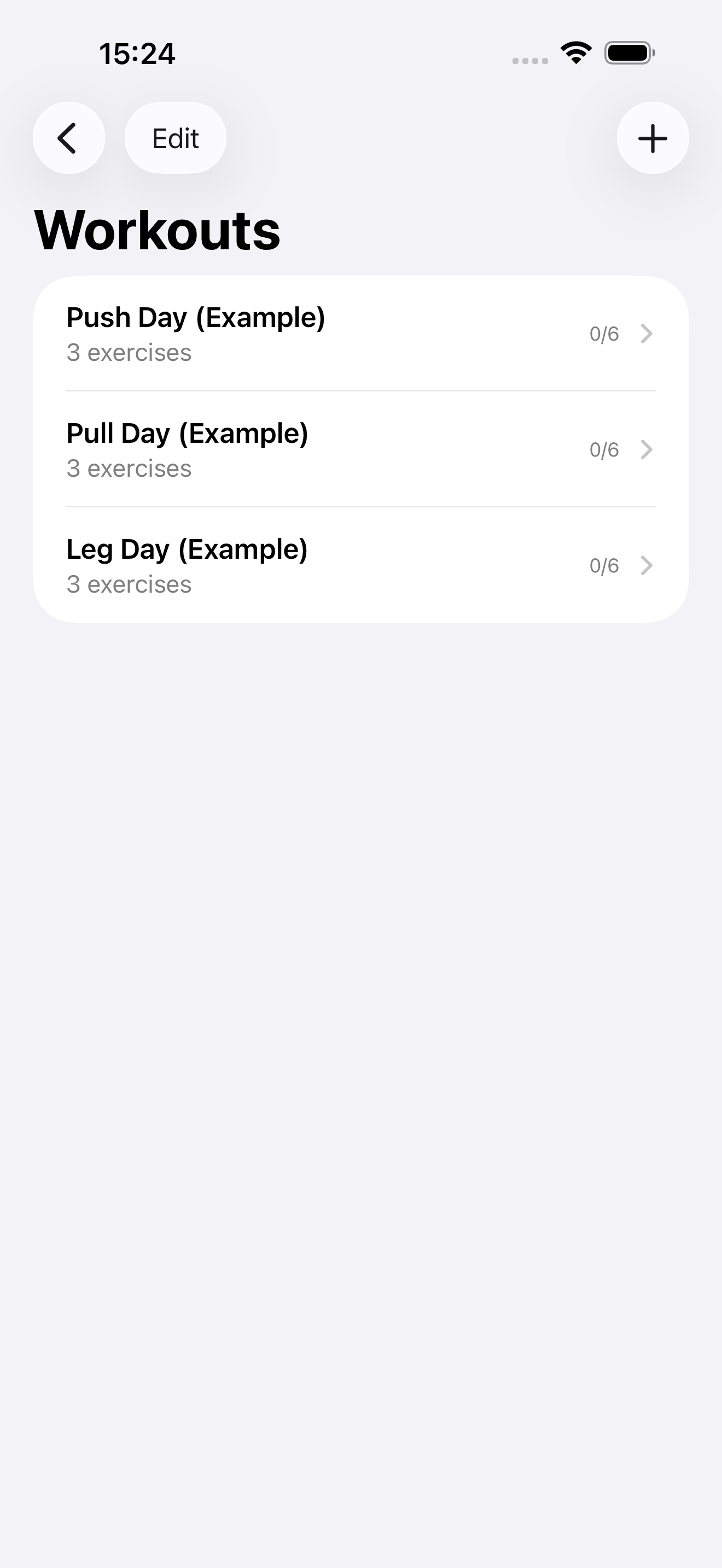 List of workouts including Push Day, Pull Day and Leg Day with session progress