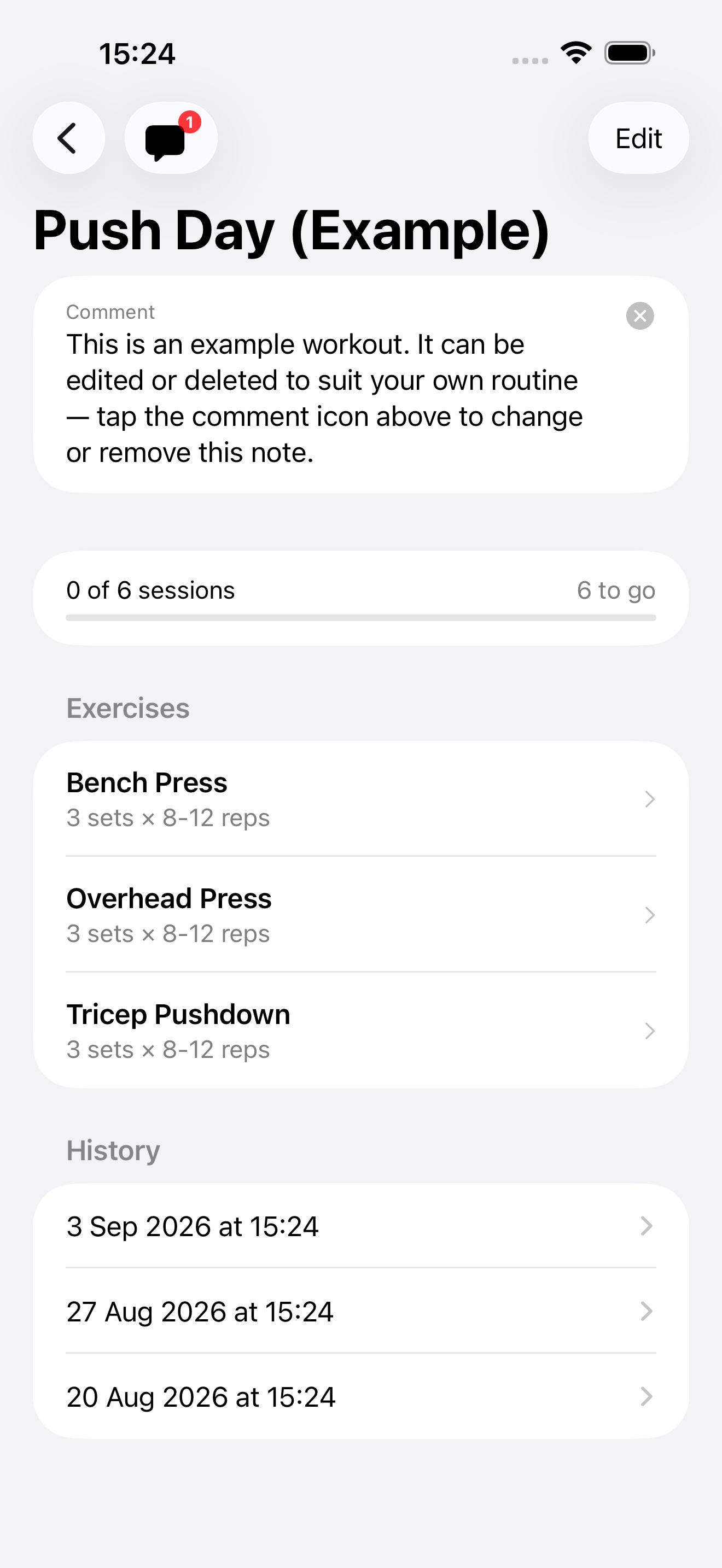 Push Day workout detail with exercises, session progress bar and history