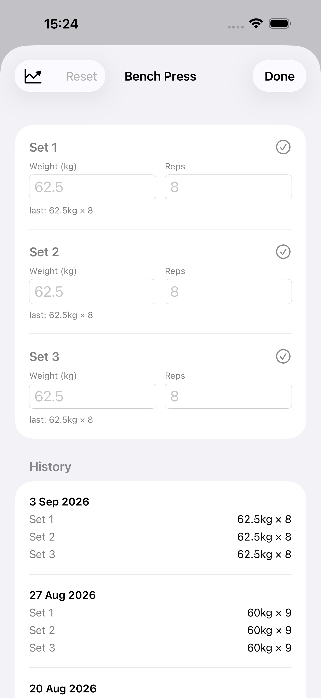 Bench Press set logger showing weight and reps per set with previous values