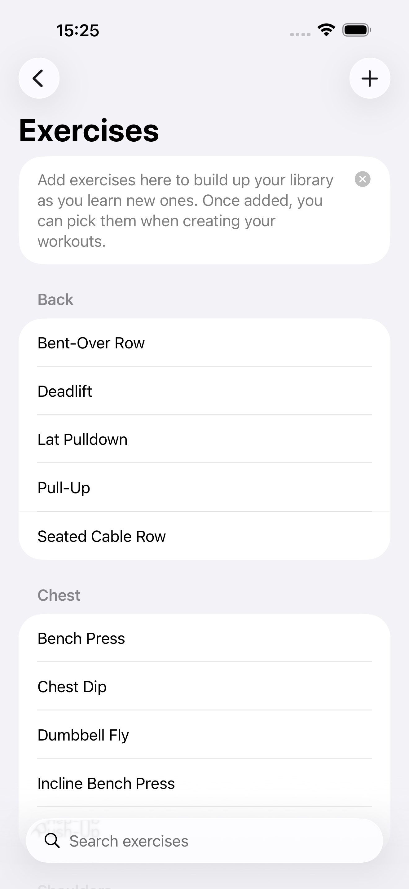 Exercise library grouped by muscle group such as Back and Chest
