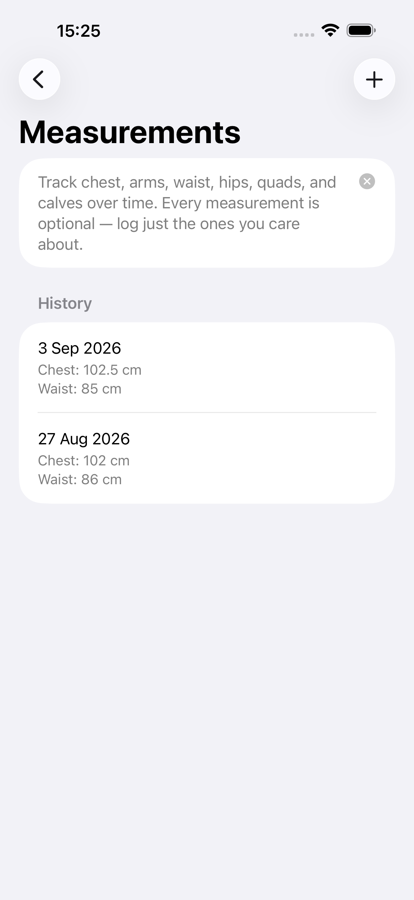 Body measurements history for chest and waist