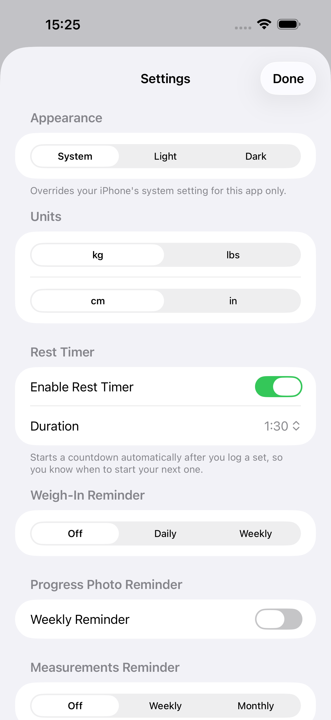 Settings screen with appearance, units, rest timer and reminders